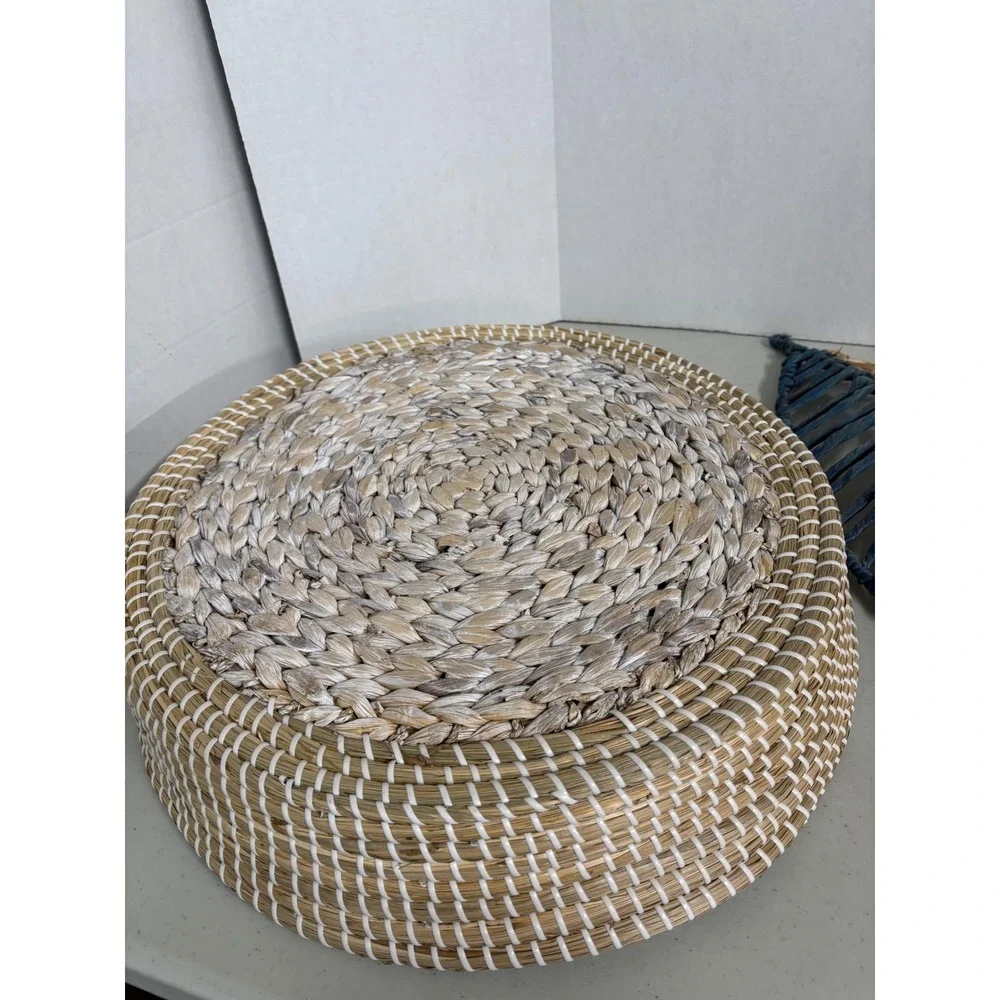 Woven Seagrass Round Tray‎ and Blue Leaf Decor Set Coastal Boho Home Accents